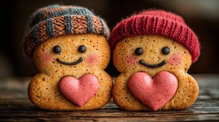 Sweet gingerbread couple with beanies holding hearts