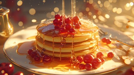 Sweet pancakes with berry topping & golden syrup