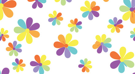 A whimsical pattern of colorful cartoon flowers floating on a white background.