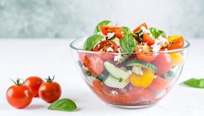 Glass bowl filled with colorful salad ingredients, tomatoes, cheese and basil