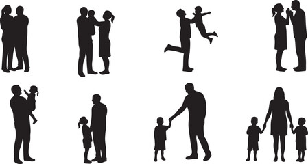 PrintFamily silhouette moments, caregiver and child bond, black outline, emotional connection, parenting gesture, love, support, interaction, nurturing, relationship