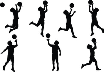 Silhouette of boy playing basketball, jumping, catching ball, outdoor sports activity, childhood fun, healthy lifestyle, athletic movement, action illustration, game exercise
