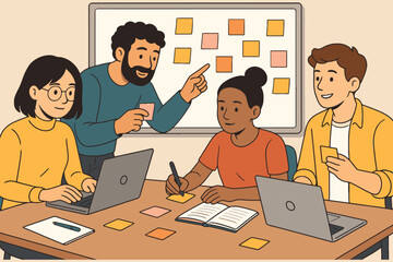 Diverse team collaborating on a project using sticky notes and laptops in a modern office setting