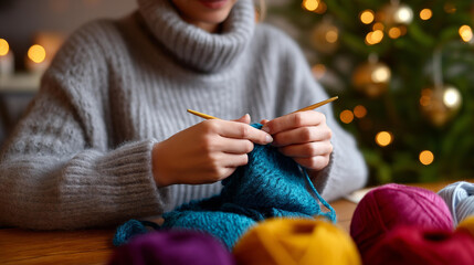 A knitter joins yarn for a scarf project needles interlacing strands yarn balls unrolling bokeh from stitch markers adding detail relaxing indoor winter hobby with copy space