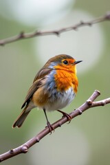 Fototapeta premium A single European robin perched on a branch, isolated on a pure white background, animal, design element, white background