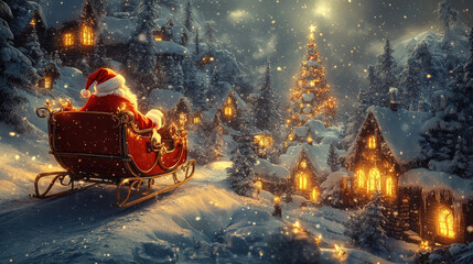 Cheerful Santa riding red sleigh with reindeer across magical snowy village, glowing houses and festive winter night atmosphere, cozy Christmas holiday scene