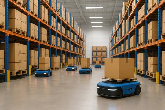 Autonomous mobile robots transporting boxes in a modern warehouse logistics environment illustration