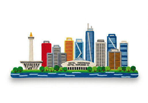 A vibrant cityscape illustration of Jakarta, Indonesia, showcasing iconic landmarks and modern skyscrapers against a backdrop of lush greenery and blue water