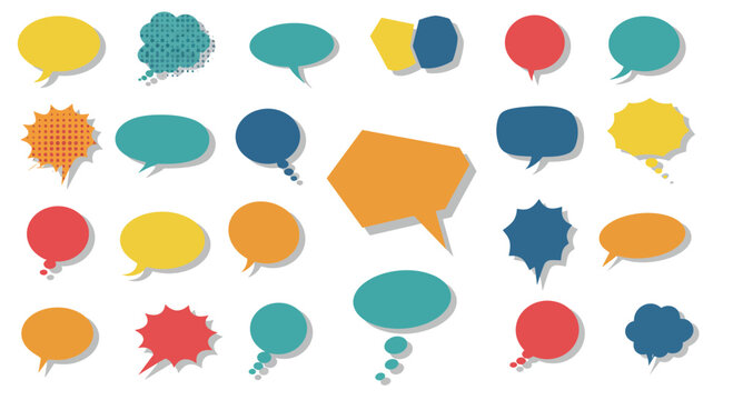 A collection of twentytwo multicolored speech and thought bubbles on white
