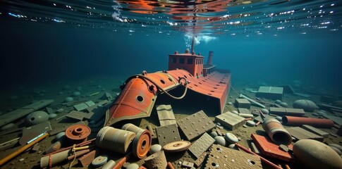 Rusting remains of a Great Lakes tugboat lie submerged in Lake Superior's cold, dark depths, a silent testament to maritime history. Scattered debris and ghost, metal, dark