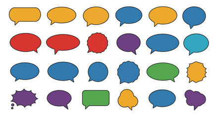 A grid of thirtytwo variously colored outlined speech and thought bubbles