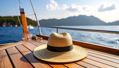 Straw hat rests on a wooden boat deck with sea and mountains in background
