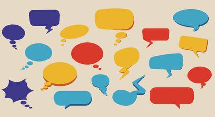 Assortment of colorful stylized speech and thought bubbles scattered across a beige background
