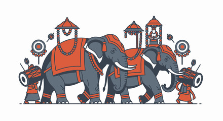 Indian elephants in procession, decorated with ornate saddles and musical instruments, likely for a festival or celebration.