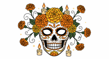 A colorful sugar skull adorned with marigolds and lit candles, symbolizing Day of the Dead celebrations.