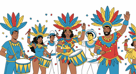 A vibrant illustration of a diverse group of people in colorful costumes celebrating and playing drums at a festival.