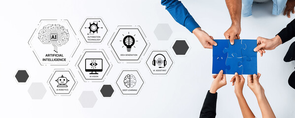 A group of diverse individuals collaborates over a blue puzzle piece while engaging with icons representing the concepts of artificial intelligence and technology innovation. Trope