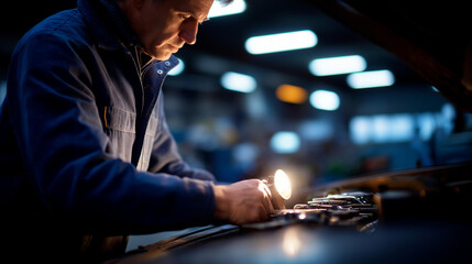 A mechanic fixes a car in a garage during winter tools scattered on a workbench engine parts exposed bokeh from fluorescent tubes enhancing detail skilled vehicle maintenance