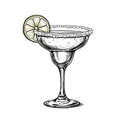 Illustration of a margarita glass with a salted rim and a lime wedge, drawn in a woodcut style
