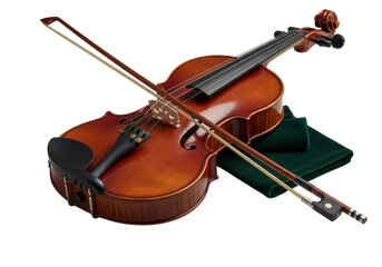 Fototapeta premium Premium mahogany violin, ornate scroll, ebony bow angled across, green velvet on pristine transparent background, professional studio lighting, studio photo luxury product concept.