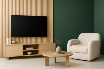 Modern living room with large screen tv comfortable armchair and minimalist wooden coffee table illustration