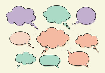 Collection of nine multicolored thought and speech bubbles on a speckled background