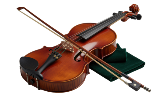 Premium mahogany violin, ornate scroll, ebony bow angled across, green velvet on pristine transparent background, professional studio lighting, studio photo luxury product concept.
