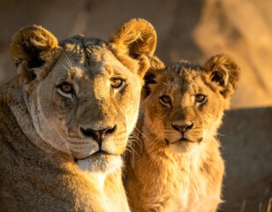 Obraz premium Lioness and cub in golden light (1)