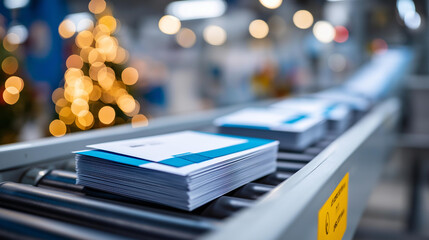 A mail sorter organizes holiday cards in a facility envelopes stamped and sorted conveyor belts moving bokeh from label printers adding efficiency efficient winter postal