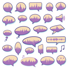 Collection of speech bubbles with soundwave and cityscape graphics