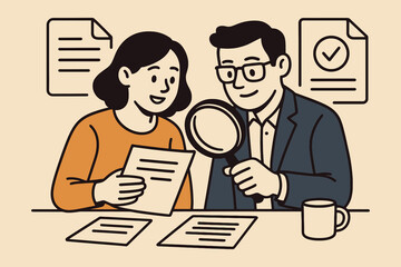 Two people examining documents with a magnifying glass and a checklist for review and analysis