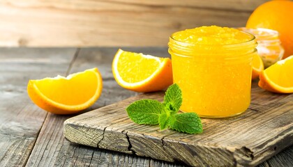 Bright orange jam in a jar and orange slices, with a mint sprig on wood surface
