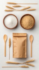 Overhead shot of sugar, brown sugar, wheat, wooden spoons and a brown paper bag isolated on white background