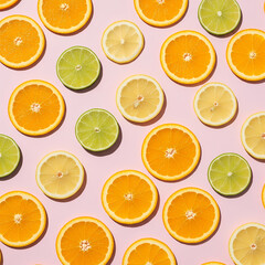 Fototapeta premium Vibrant Citrus Slices Pattern on Pink Background - A Refreshing Assortment of Orange, Lime, and Lemon Fruits