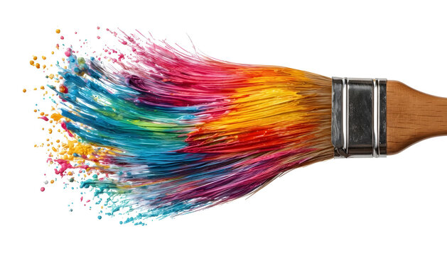 A close-up studio shot on a black background features a paintbrush loaded with vibrant, multicolored paint - Powered by Adobe