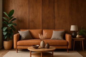 Cozy living room with orange sofa and warm earth tones decor illustration