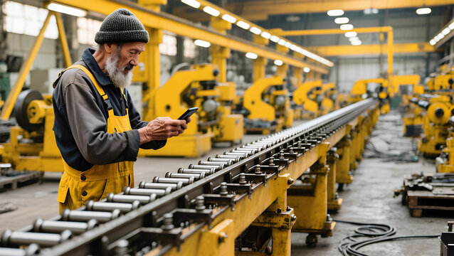 A man in a yellow vest is looking at a cell phone
