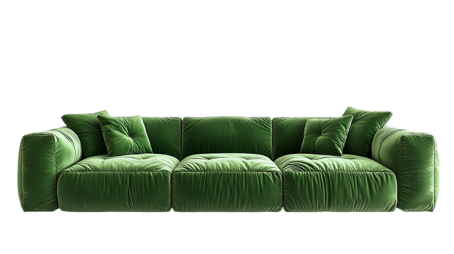 Green Velvet Sofa Design Placed in Middle Against Transparent Background