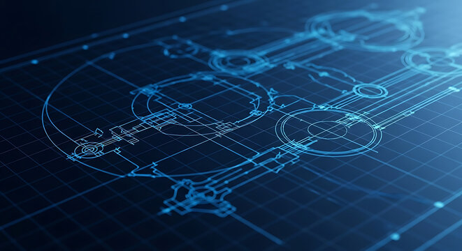 Mechanical Engineering Blueprint with Complex Technical Drafting Schematics on Glowing Blue Grid, Industrial Design Modeling and Precision Architectural Drawing Concept