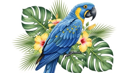 Fototapeta premium Vibrant blue and yellow macaw parrot perched amongst lush tropical leaves and bright yellow hibiscus flowers isolated on white background