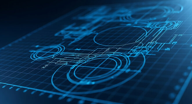 Digital Engineering Blueprint of Mechanical Components on Glowing Blue Grid Background, Technical Architectural Drawing and Industrial Design Modeling Concept