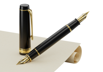 A luxurious black fountain pen with polished gold accents and two-tone nib, elegantly placed on cream parchment against a transparent background, concept of luxury stationery
