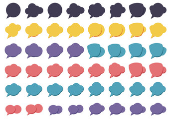 Rows of stylized multicolored speech and thought bubbles on a white background