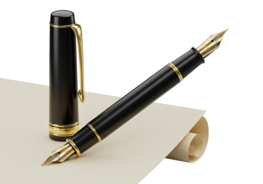 A luxurious black fountain pen with polished gold accents and two-tone nib, elegantly placed on cream parchment against a transparent background, concept of luxury stationery