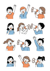 Children cheerfully raising hands and speaking into megaphones for awareness.