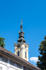 Vertical photo of a Serbian Orthodox church at the city of Belgrade. Blue sky at the background.