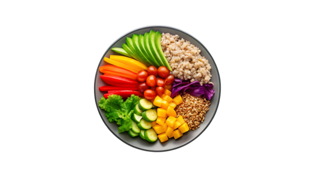 Healthy balanced diet meal on plate fresh vegetables protein and grains top view isolated on transparent background