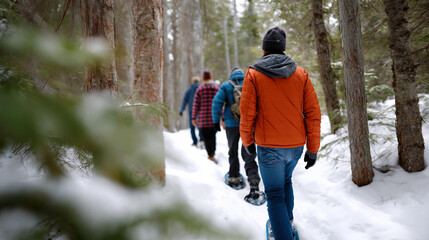 A snowshoe guide leads a group through woods paths pointed out hikers following bokeh from tree trunks adding wilderness adventurous winter outdoor tour with copy space