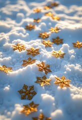 Intricate gold snowflakes gently descend onto a pristine, undisturbed winter snowdrift, shimmer, flakes, gold snowflakes
