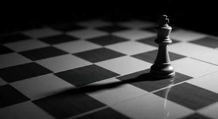 Chess King Piece Standing Alone On Chessboard With Dramatic Shadow Symbolizing Strategy Leadership And Focus Concept